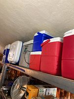 Shelf with multiple coolers in red, blue, and gray colors.