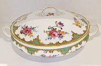 Top view of Aynsley Wilton Green pattern serving bowl with lid showing floral, gold and green lattice design and handles