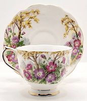 Front view of Royal Albert Wild Geranium footed tea cup with matching saucer showing floral design and gold trim