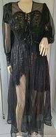 Full view of the vintage peignoir robe worn on mannequin, showing sheer fabric, lace detailing, and length