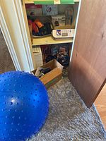 Blue stability therapy exercise ball with textured bumps, placed on a carpet floor near a closet.