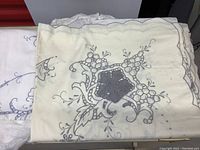 Vintage cream-colored embroidered tablecloth, central floral motif visible.