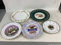 Five decorative bone china plates arranged, showing diverse designs including floral, cat illustrations, and commemorative print