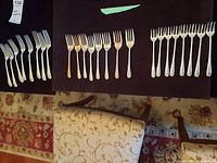 Overview of three sets of forks: dinner, cake, and appetizer forks displayed on black background