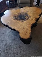 Close angled view of the live edge wood coffee table showing natural bark edges, dark markings in the center, and butterfly joints on the surface.
