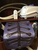 Main massage unit connected to flexible hose and purple massage mat with suction cups and massager nodes, including the remote control.