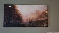 Frontal view of the Ren-Wil canvas painting showing the entire artwork with trees, lampposts, and misty atmosphere.