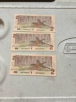 Three consecutive 1986 Canadian two dollar banknotes laid flat showing front side with birds and serial numbers