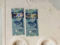 Two consecutive Canadian five dollar polymer banknotes laid side by side, showing front side with Sir Wilfrid Laurier portrait and security holograms.