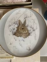 Close-up photo of the Winter's Peace rabbit plate, showing the detailed rabbit portrait surrounded by snow and plants, signature visible.