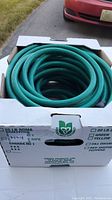 Green garden hose coiled inside a white produce cardboard box, showing the texture and hose ends.