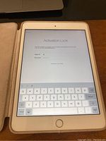 Front view of Apple Mini iPad displaying Activation Lock screen requiring Apple ID and password for access.