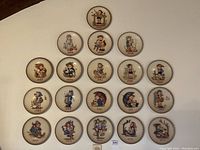 Full display of 20 Goebel Hummel Christmas collectible plates arranged in a cluster on the wall, each plate features a unique Hummel figurine and a date from 1975 to 1995.