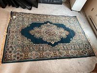 Full view of rectangular carpet on floor showing overall design, fringe and condition