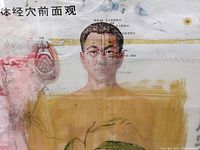 Close-up of the artwork showing the male face with acupuncture points and abstract brush strokes.