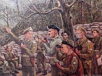 Close up of soldiers with military binoculars and uniforms in the Monte Cassino battle scene.