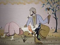 Close-up of the silk painting showing the detailed embrace of the couple in traditional clothing.