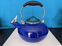 Side view of blue steel enamel tea kettle showing handle and spout cover.