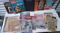 Photo showing array of vintage magazines including Life, Liberty, Newsweek, Judge, Radio Times, Yank, and The Century Illustrated Monthly Magazine.