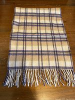 Full length of wool scarf, showing check pattern and fringed ends