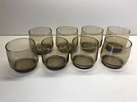 All 8 smoky grey lowball glasses arranged in two rows showing size and shape.