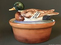 Side view of ceramic lidded casserole dish with a hand painted duck forming the lid, showing the realistic details and overall design.