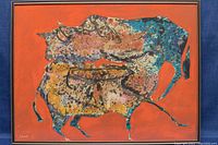 Front view of framed lithograph print showing two abstract bulls on orange background.