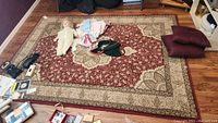 Full view of rectangular area rug with red and beige floral design and some additional items placed around it.