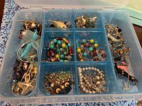 Top view of organizer box with several sections containing colorful bead bracelets, metal jewelry, necklaces, and earrings grouped by type.