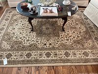 Full view of one area rug under a coffee table showing the main design and border pattern.