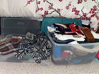 Full view of two plastic bins with clothing and scarves inside, some clothes draped over bins, visible knit shirts and sweaters in plaid and black-white patterns, colorful scarves on top of clothes.