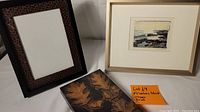 Three items together: oak leaf letterpress block, frame with leather mat, and framed signed landscape print.