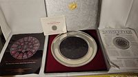 Photo showing the pewter plate with glass insert placed on felt base inside a presentation box, along with certificate and newsletters.