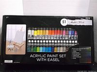 Box with product image, 51-piece Masters Touch acrylic paint set with easel and contents enumerated.