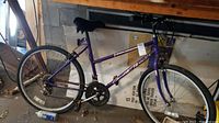 Full side view of the purple RoadMaster all terrain bicycle leaning against a wall in a garage.