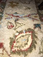 Close-up of the rug showing the floral pattern with visible pet-related wear and marks.