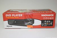 Original retail box for Magnavox MDV2100 DVD player, showing progressive scan branding and connections on side panel.