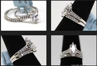 Engagement and wedding ring side by side showing profile of marquise center and accent stones