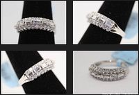 Four close-up images of a sterling silver eternity ring showing baguette and round cut simulant diamonds set on a polished band.