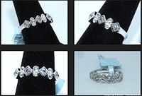 Four angles showing the sterling silver wedding band set with alternating princess and double round cut simulant diamonds.