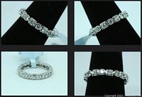 Multiple angled close-up views of the sterling silver ring showing the alternating round and square mounted round cut simulant diamonds on a black display stand and white background.