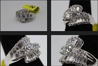 Four close-up images showing the sterling silver ring's overlapping baguette-cut simulant diamonds and polished band from different angles