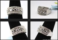 Multiple angled views of sterling silver ring with clear round cut simulant diamonds mounted in weaving vine design