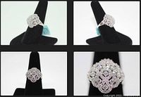 Multiple angled views of the sterling silver ring on black display showing intricate design and sparkling simulant diamonds.