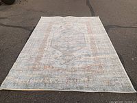 Full view of the new area rug laid flat on an asphalt surface showing the overall pattern and size.