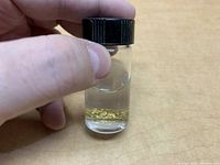 Hand holding a small clear vial with a black cap, containing liquid with gold flakes.