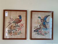 Two framed cross-stitched bird art pieces side-by-side on a wall, showing overall size and appearance.