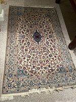 Full view of rug laid flat on carpeted floor showing entire pattern, border and fringe edges