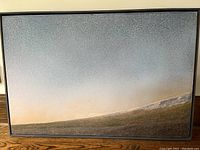 Front view of framed painting showing grassy horizon and speckled sky