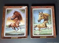 Photo showing two Franklin Mint limited edition horse plates with intricate brown and gold borders, featuring a Thoroughbred and a Quarter Horse with foals in natural outdoor settings.